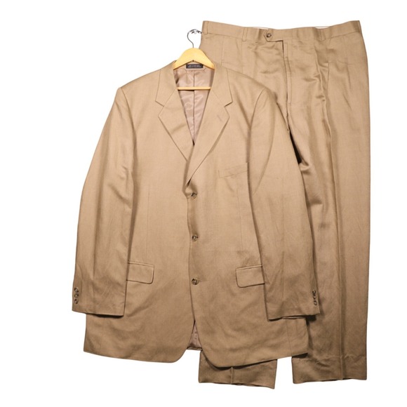 Vintage Haspel 2 Piece Suit Mens 48L Tan 3 Button Blazer Pleated Pants